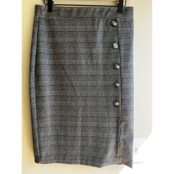 Meg & Margot Plaid Button Accent Career Pencil Skirt Gray Professional Academia - Picture 1 of 8